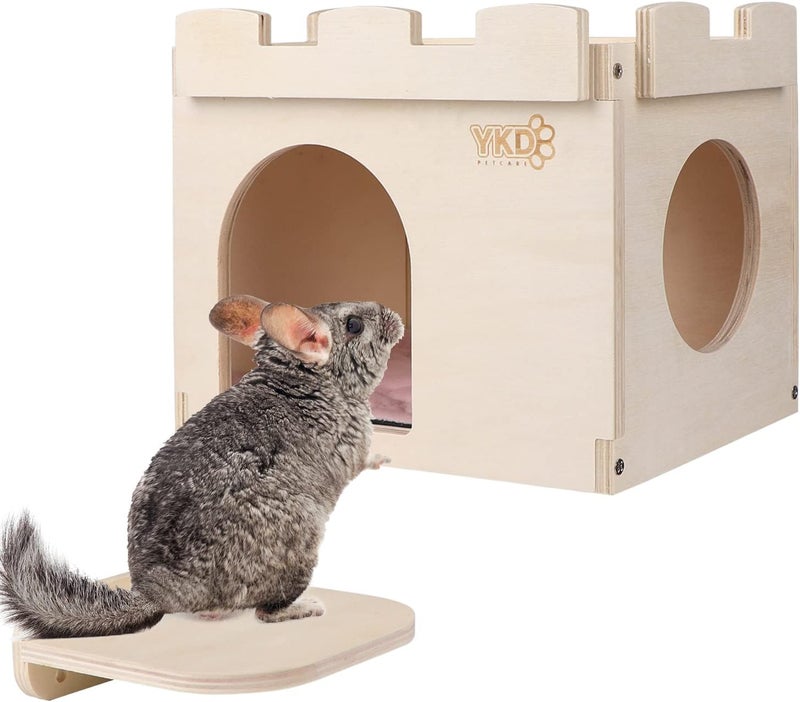 YKD Castle Chinchilla House, Small Animal Hideout for Chinchilla, Guinea Pig, Hedgehog, or Rat, Ventilated Wooden Hamster Habitat with Multiple Doors, Made from Natural Wood - Image 1